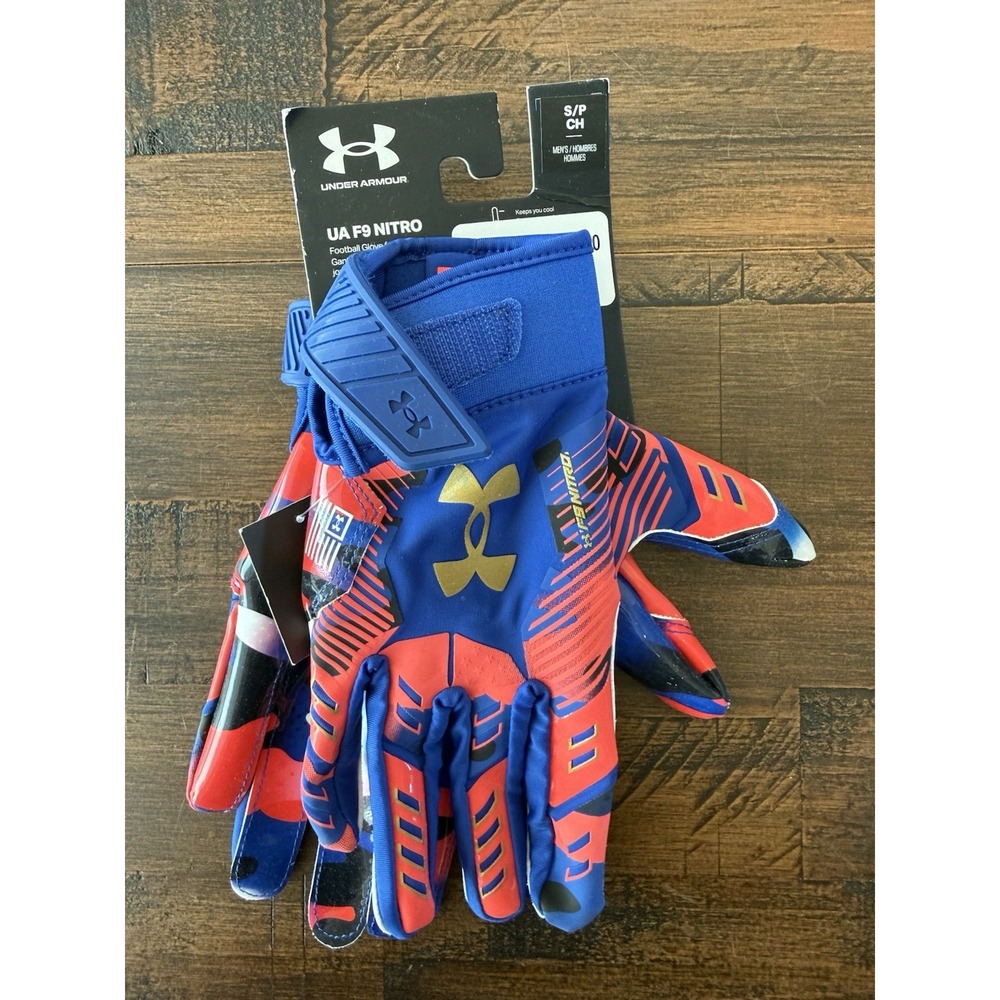 Under Armour F9 Nitro Camo Red White Blue Football Gloves Men's Sz S Glue Grip